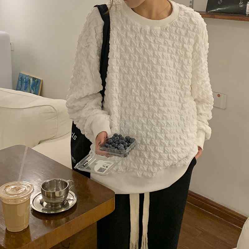 スウェット レディース 秋冬 薄手 ワッフル ラウンドネック プルオーバー トップス カットソー 長袖 婦人服 韓国ファッション カジュアル 部屋着 ルームウェア 白 黒 普段使い