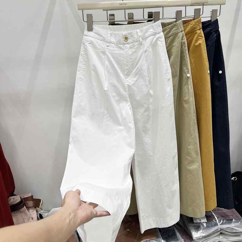 パンツ レディース 韓国風 ワイドレッグパンツ ハイウエスト ゆったり 薄手 ストレートパンツ クロップドパンツ カジュアル スタイル ポケット付き ホワイト ネイビー S M L XL 2XL 3XL 4XL