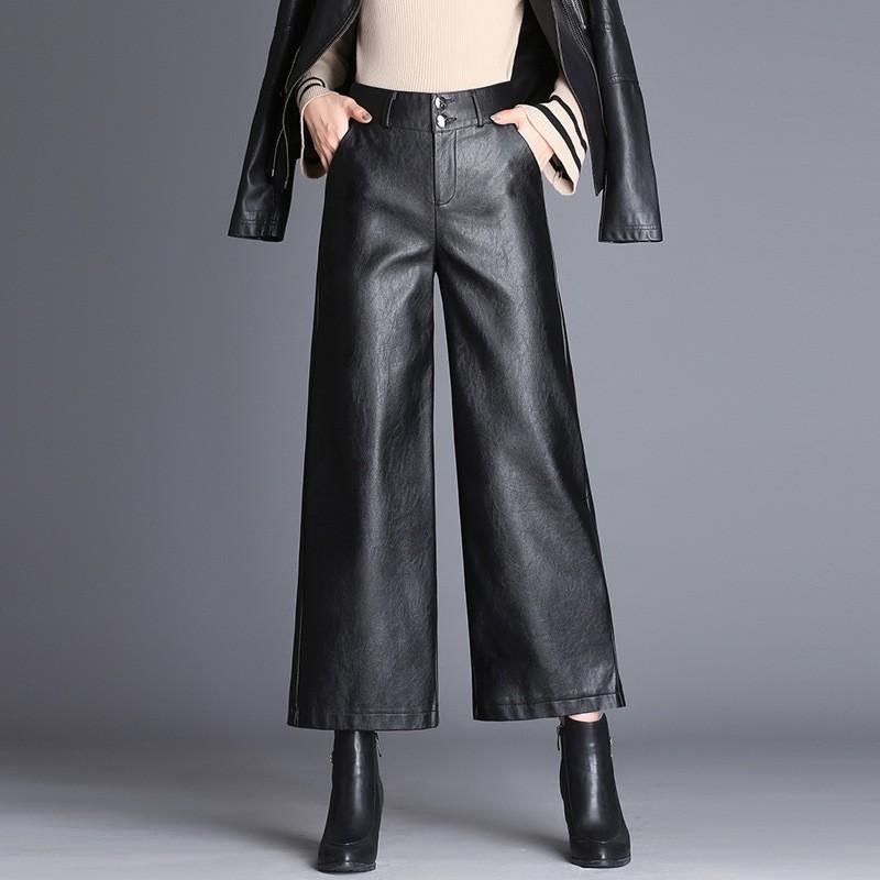パンツ レディース 秋冬 ワイドレッグ PU レザーパンツ ストレート 韓国風 ハイウエスト 美脚 厚手 カジュアル ブラック M L XL XXL XXXL XXXXL