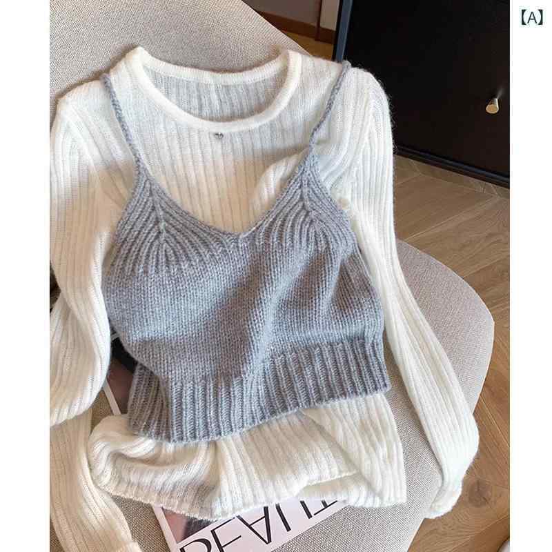 ニット トップス 女性用 早秋 長袖 Vネック セーター ベーシック セット レイヤード スタイル ポリエステル 素材 切り替え デザイン グレー 色 中厚 気質 優雅 韓系 カジュアル 日常使い 伸縮性 吸湿速乾 機能 普通丈 セットアップ 気軽 着回