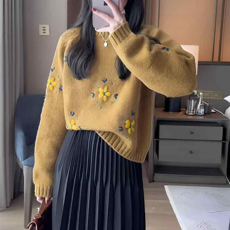 ニット レディース 手刺繍 花柄 ラウンドネック プルオーバー セーター ゆったり 暖か 秋冬 韓国風 かわいい 普段使い デート 旅行 リラックス オフホワイト イエロー グレー