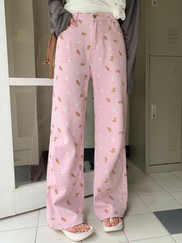 レディース デニムパンツ ピンク かわいい クマ柄 プリント ハイウエスト ストレート ワイドレッグ ロング 綿混 ポリエステル 混合 素材 無弾性 中厚手 秋 季節 少女風 甘め 爽やか スタイル スリム 効果 小柄 対応 日常 ユース ボタン ディテ