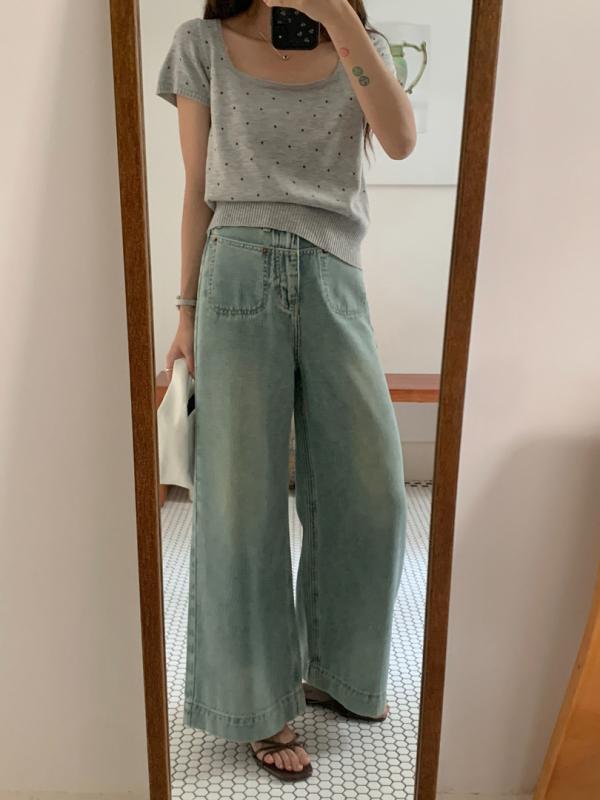 レディース 牛仔パンツ 九分丈 クロップド ワイドレッグ ハイウエスト デニム 綿 再生繊維 ミックス ヴィンテージブルー ミディアム厚 ルーズフィット 韓国風 カジュアル 普段使い 快適 春夏