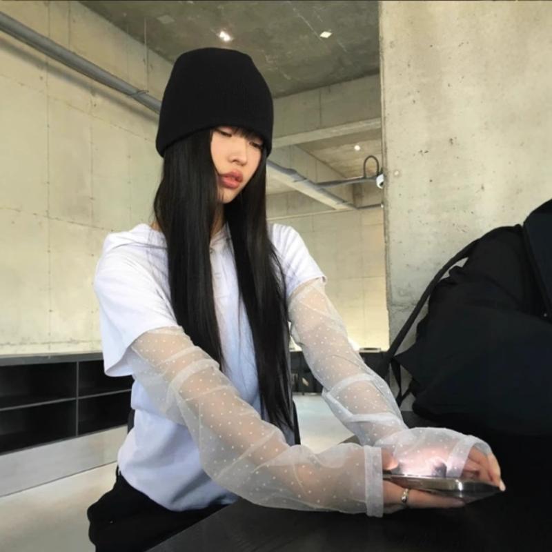 Tシャツ レディース 韓国風 千禧年 レトロ 波点 網紗 長袖 フェイクレイヤード 無地 トップス かわいい