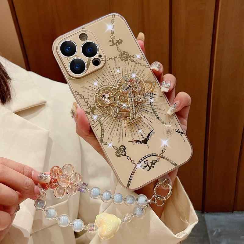 スマホケース レディース iPhone16 iPhone15 iPhone14 TPU 耐衝撃 すりガラス風 ラグジュアリー ストラップ付き 落下防止 サンドゴールド エレガントホワイト