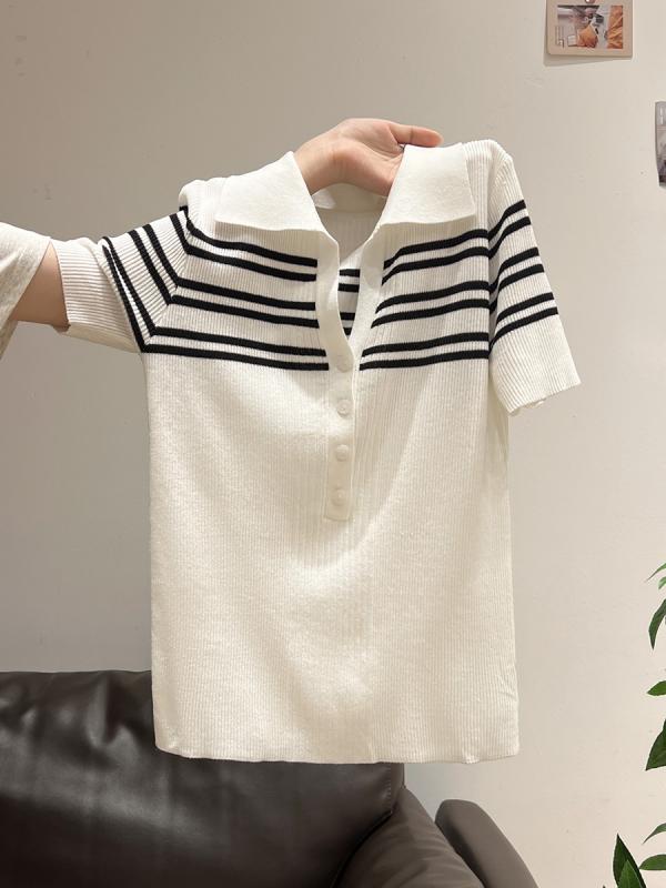 Tシャツ レディース 韓国風 ボタン付き ハーフネック 半袖 ストライプ ニット スリム おしゃれ きれいめ トップス
