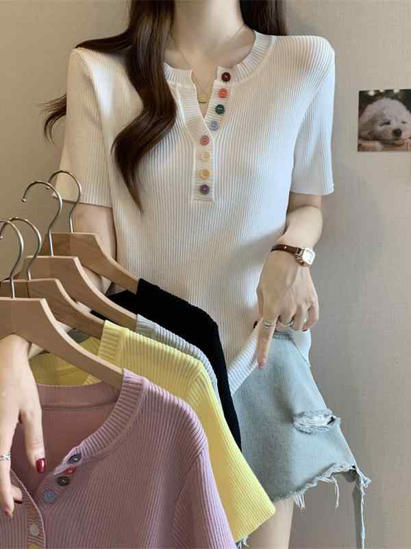 Tシャツ レディース トップス 半袖 接触冷感 ニット 韓国風 ゆったり 薄手 きれいめ おしゃれ かわいい 春夏 ホワイト ブラック イエロー ブルー グレー ピンク系