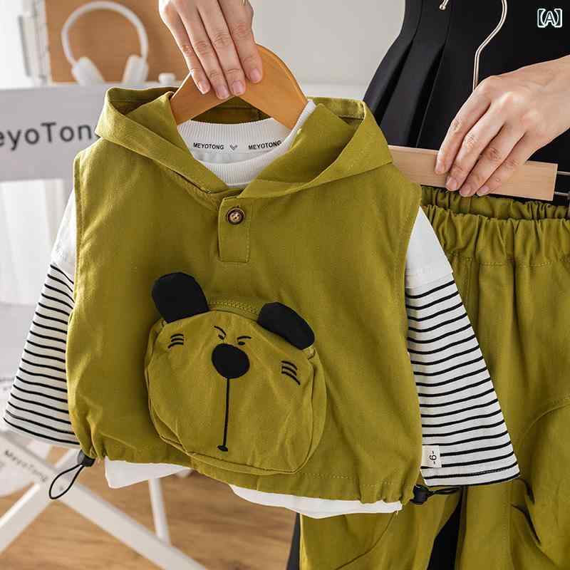 キッズ ベビー服 長袖トップス 長ズボン 上下セット 3点セット 綿95％ カートーン クマ柄 春秋 普段着 部屋着 男の子 女の子 グリーン コーヒー色 カーキ色