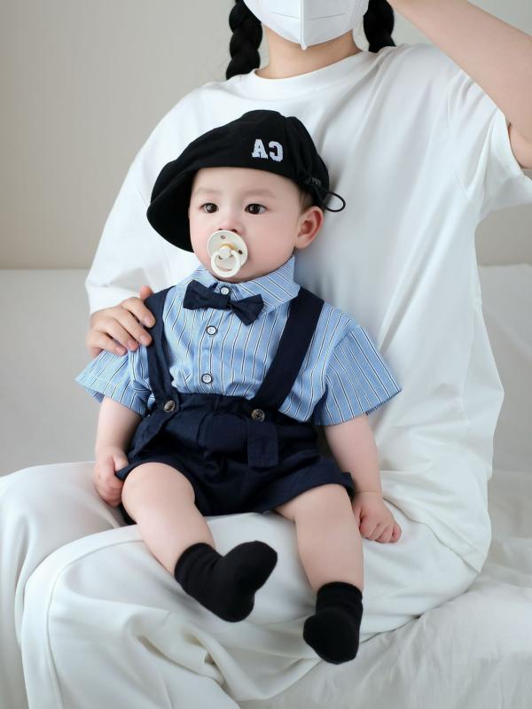 子供服 上下セット ベビー服 男の子 半袖シャツ ハーフパンツ 2点セット 夏 韓国風 ストライプ チェック柄 薄手 幼児 普段着