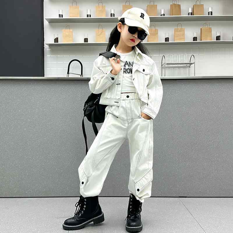 子供服 女の子 デニムセットアップ パンツスタイル 長袖 トップス パンツ 上下 2点セット ガールズ ジャズ ヒップホップ ストリート ダンス 衣装 普段着 習い事 レッスン着 春