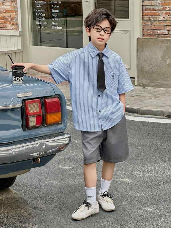 キッズ ストライプ柄 シャツ 半袖 ハーフパンツ 2点 セットアップ 子供服 男の子 フォーマル 学院風 おしゃれ 薄手 120cm 130cm 140cm 150cm 160cm 170cm