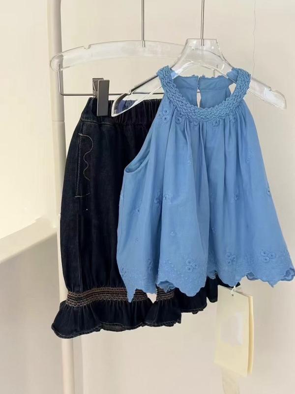子供服 セットアップ ノースリーブシャツ デニムパンツ 2点セット 女の子 夏服 韓国風 9分丈パンツ コットン100% 100 110 120 130 140 普段着 おしゃれ着