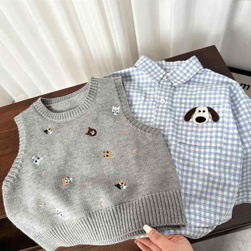キッズ ベビー セットアップ 春秋 長袖シャツ ベスト 上下セット 子供服 かわいい カートーン柄 コットン 普段着 幼稚園 保育園 グレー 90 100 110 120 130 140