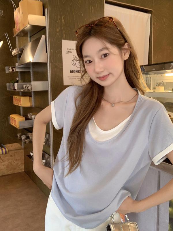 Tシャツ レディース 韓国風 配色 切り替え 半袖 Vネック トップス カットソー ゆったり 日韓スタイル カジュアル 普段使い