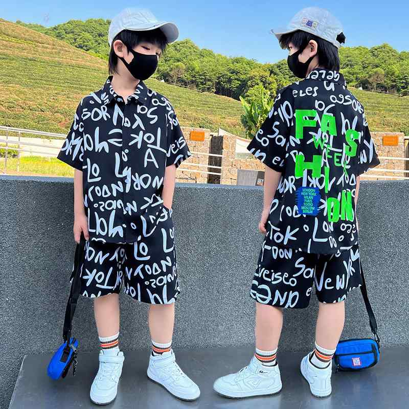 キッズ 半袖シャツ パンツ セットアップ 男の子 子供服 2点セット 薄手 スポーツ ウェア 普段着 ブラック グリーン ホワイト ポリエステル
