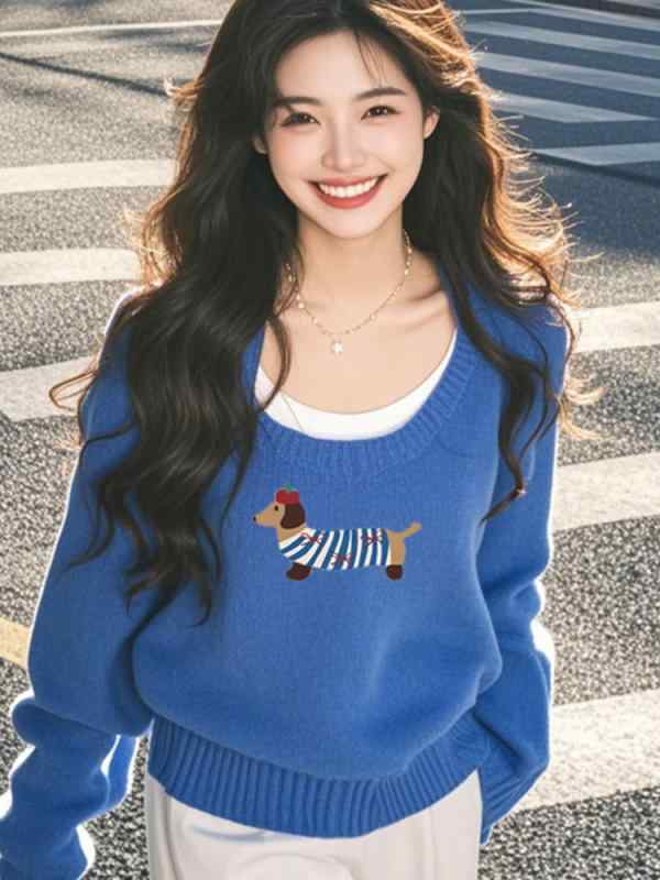 ニット レディース 韓国風 Uネック ダックスフンド柄 ブルー トップス 秋冬 あったか 長袖 ゆったり 接触冷感