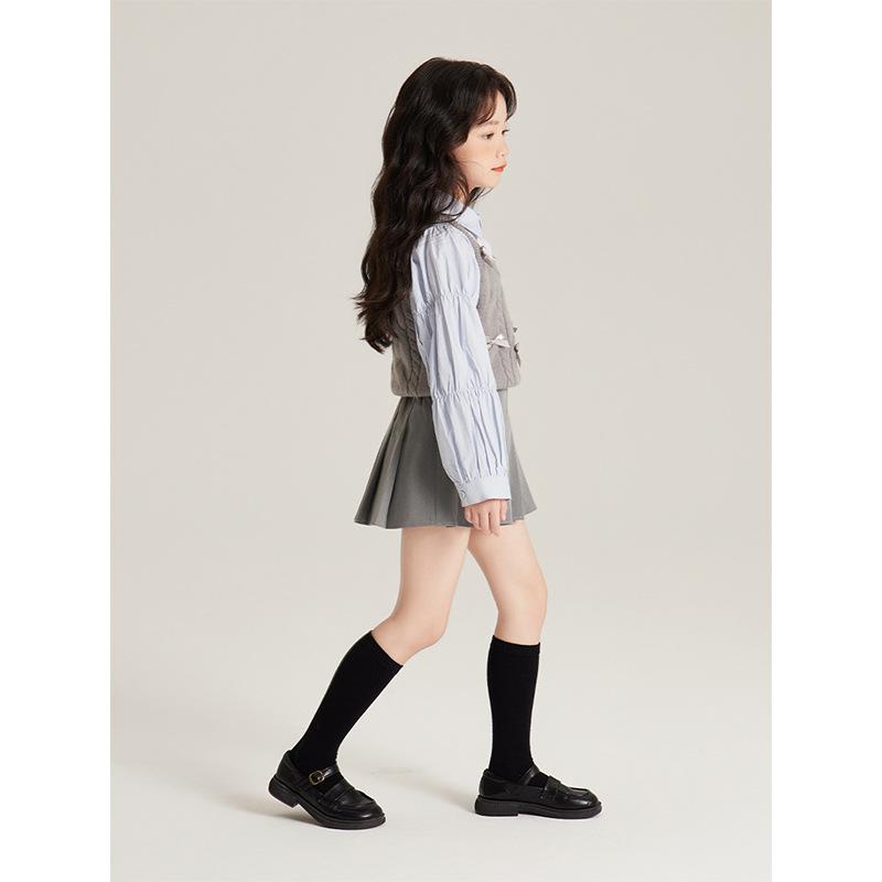 キッズ 女の子 セットアップ 長袖シャツ 膝丈スカート 上下セット 春秋 フリル ギャザー コットン かわいい 学院風 フォーマル 発表会 普段使い