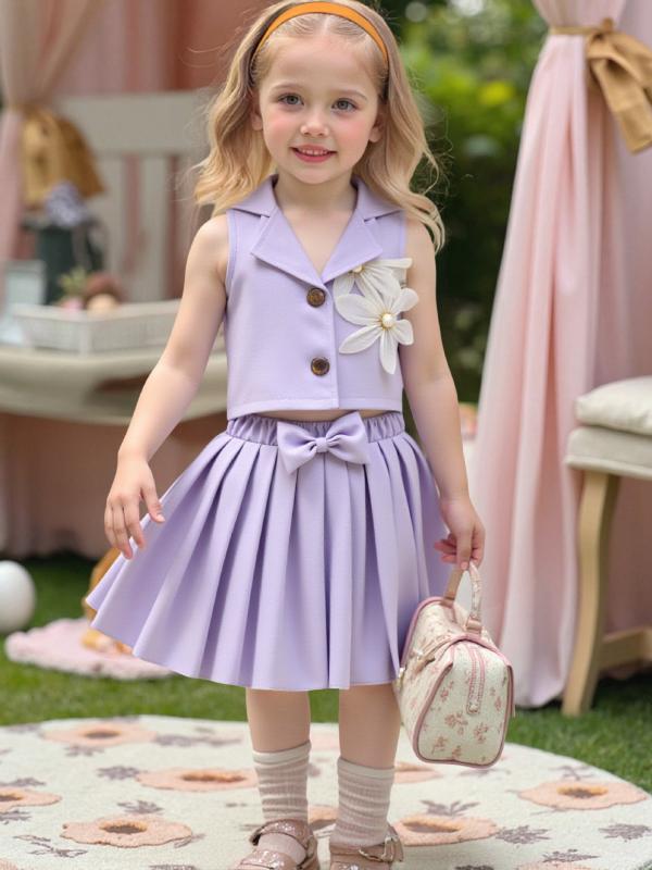 子供服 女の子 フォーマル セットアップ 立体フラワー トップス プリーツスカート 2点 ピンク系 ラベンダー 発表会 結婚式 普段使い かわいい 聚???（??）100