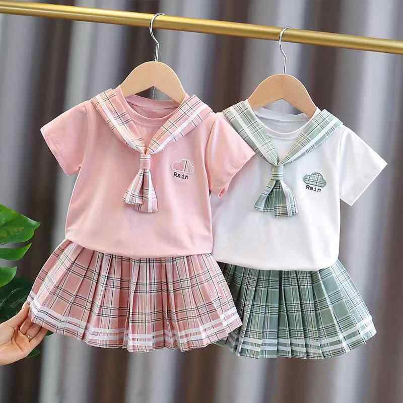 子供服 女の子 夏 半袖 セットアップ JK制服風 小学生 中学生 2点セット スカート かわいい ガーリー スタイル 学院風 綿 普段着 グリーン ピンク系