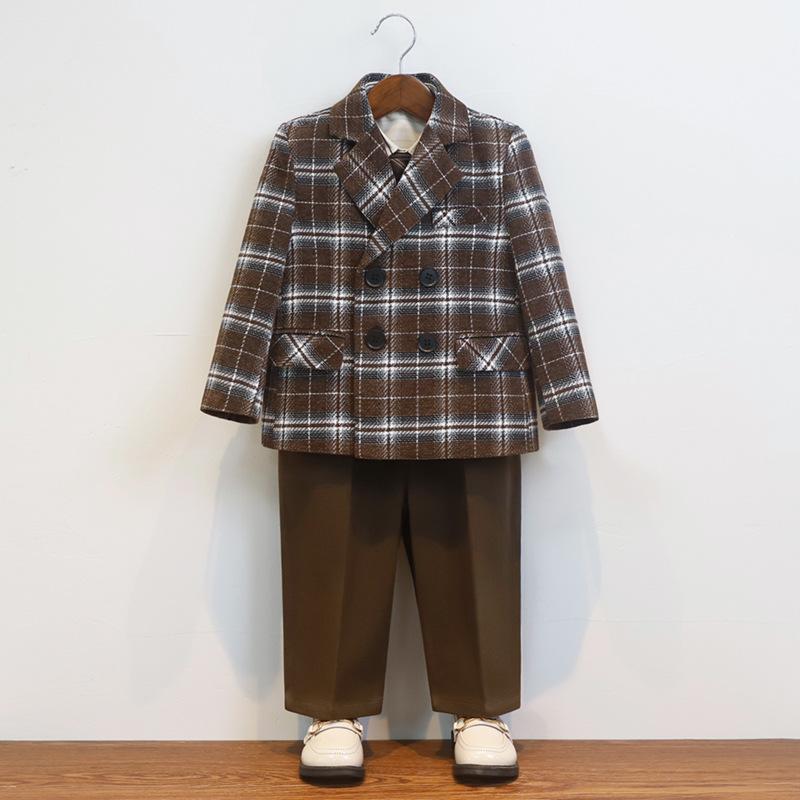 子供用 フォーマルスーツ セットアップ 秋冬 格子柄 ジャケット ベスト パンツ 蝶ネクタイ付き 男の子 発表会 演奏会 結婚式 英国風 4点セット 5点セット