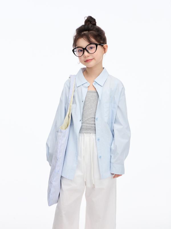 シャツ 女の子 子供服 長袖 トップス 接触冷感 薄手 リネン混 ゆったり 紫外線対策 130 140 150 160 170 春秋 天絲藍 天絲白 亞麻藍 亞麻白