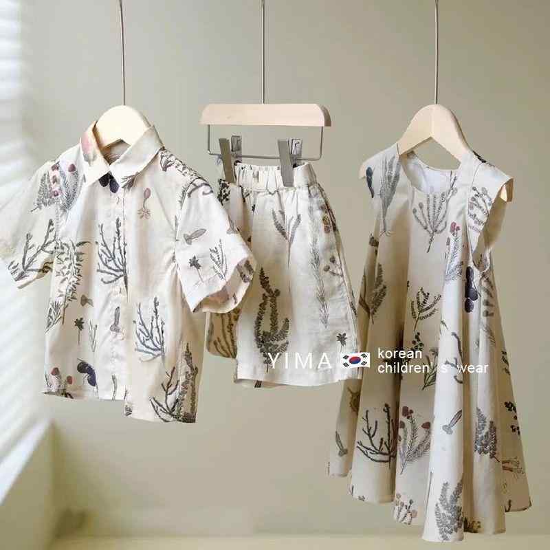 ワンピース & シャツ キッズ 花柄 半袖 子供服 上下セット 夏服 姉弟 兄弟 ペアルック 普段着 かわいい ガールズ ボーイズ 綿