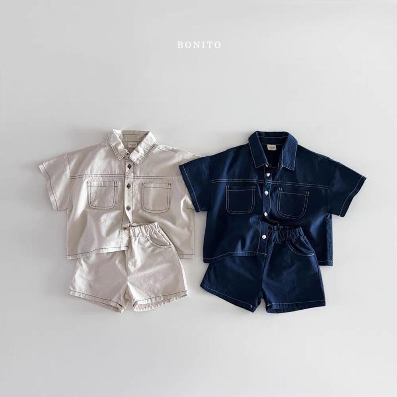 子供服 セットアップ 韓国風 夏 男の子 女の子 デニム シャツ 短パン 上下セット 薄手 かわいい 柔らかい 幼児 ベビー 深藍色 米杏色