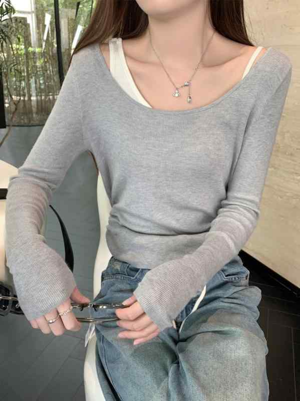 ニット レディース 長袖 ニットソー ウール混紡 ゆったりサイズ 切り替え 杏色 グレー プルオーバー トップス