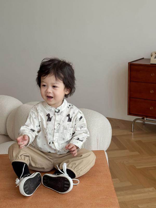 子供服 シャツ 男の子 小犬柄 長袖 トップス 春秋 立襟 コットン100% 子供 カートゥーンシャツ おしゃれ 普段着