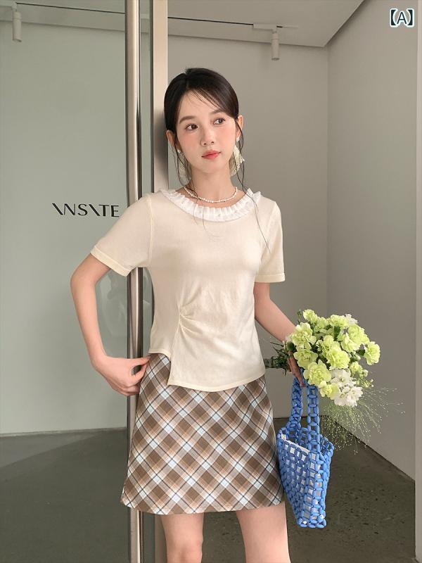 ニット レディース 半袖 丸首 韓国風 トップス 配色 フリル 襟 接触冷感 再生繊維 サマーニット