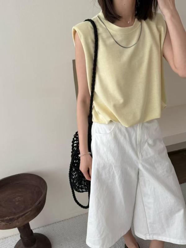 Tシャツ レディース 韓国風 ラウンドネック ノースリーブ ベスト 婦人服 トップス チョーカー付き 小柄 ゆったり カットソー 配色 春夏