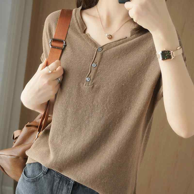 Tシャツ レディース 半袖 Vネック コットン 綿 麻 ニット 韓国風 ゆったり 薄手 無地 トップス カットソー 黒 ブラック グレー 黄色 イエロー ベージュ アイボリー 赤 レッド ピンク ブルー