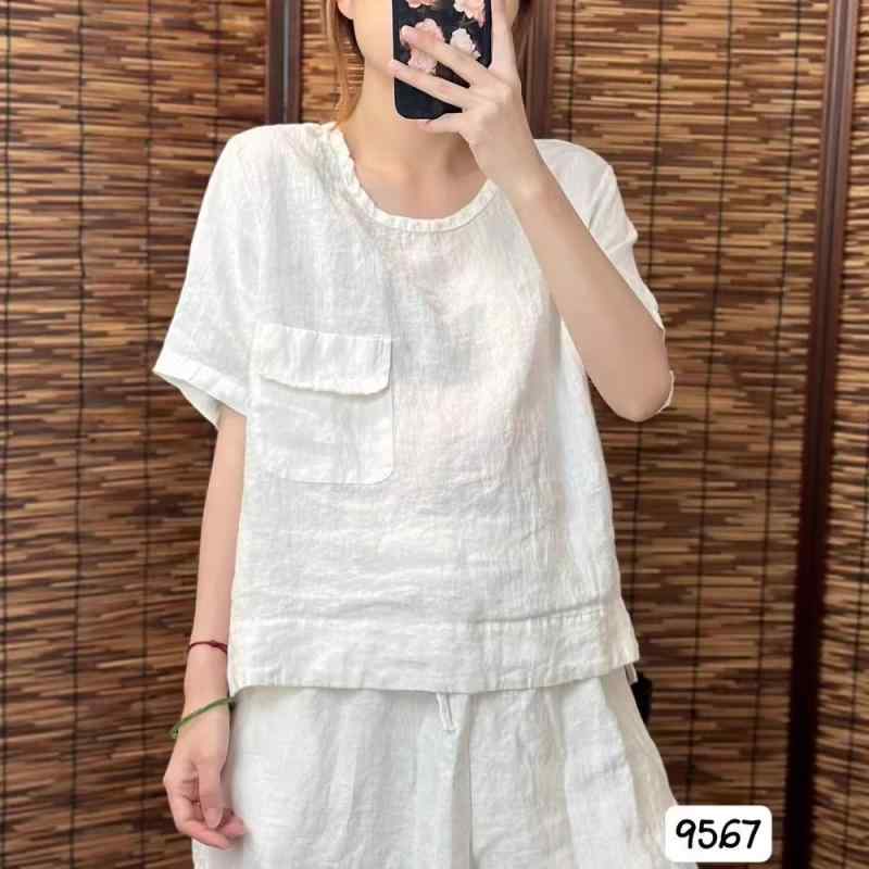 Tシャツ レディース 半袖 麻 リネン混紡 ラウンドネック ドロップショルダー ビッグシルエット ゆったり 春夏 イエロー 杏色 ブラック グリーン ホワイト ピンク系 カジュアル 普段使い