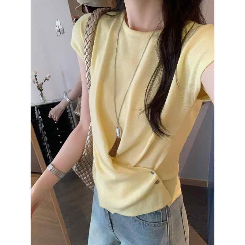 Tシャツ レディース 半袖 夏 ラウンドネック トップス 韓国風 デザイン スリムフィット プルオーバー 無地 ブラック ホワイト ブルー イエロー グレー