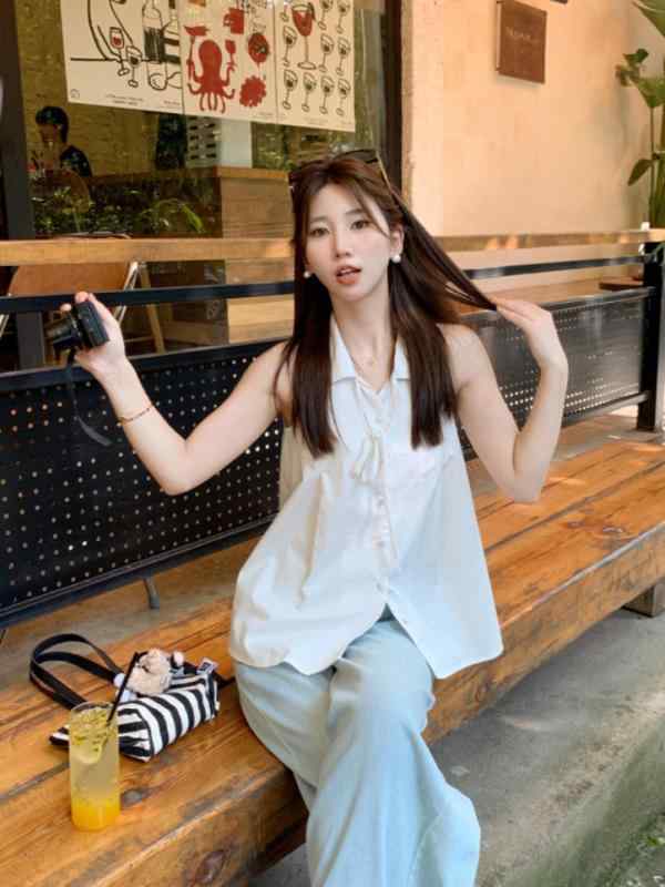 シャツ レディース ノースリーブ ブラウス 韓国風 白 トップス デザイン かわいい Vネック ゆったり ポリエステル 切り替え サマー カジュアル