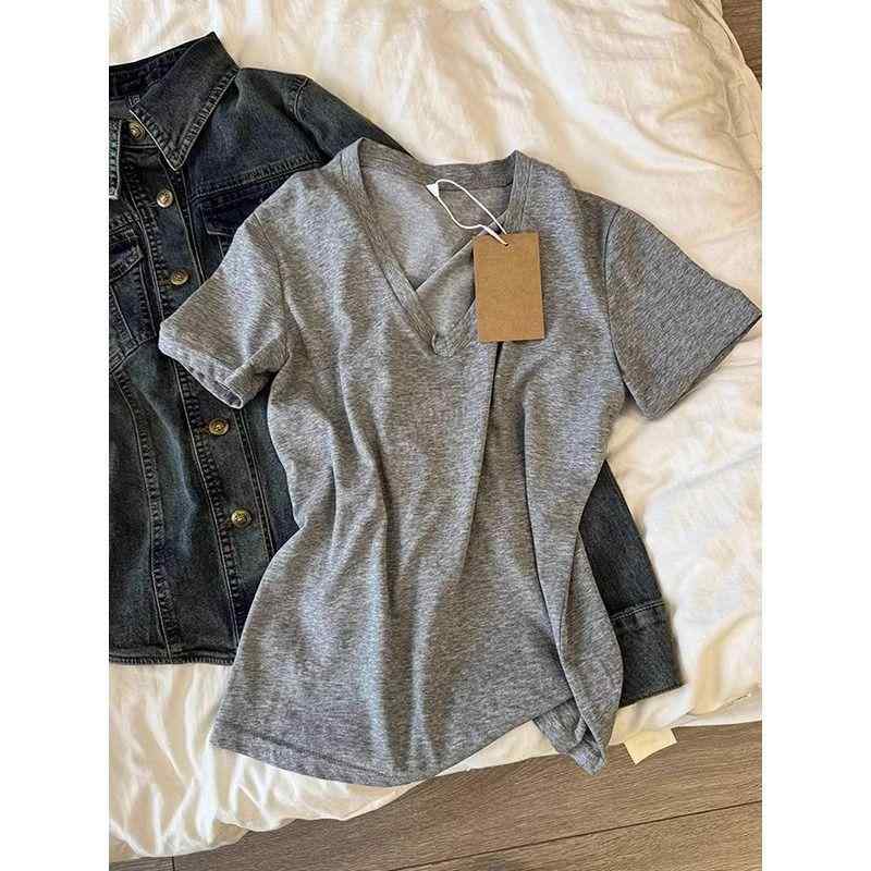 Tシャツ レディース 半袖 Vネック 韓国風 ゆったり ポリエステル 無地 トップス 通勤着 灰色