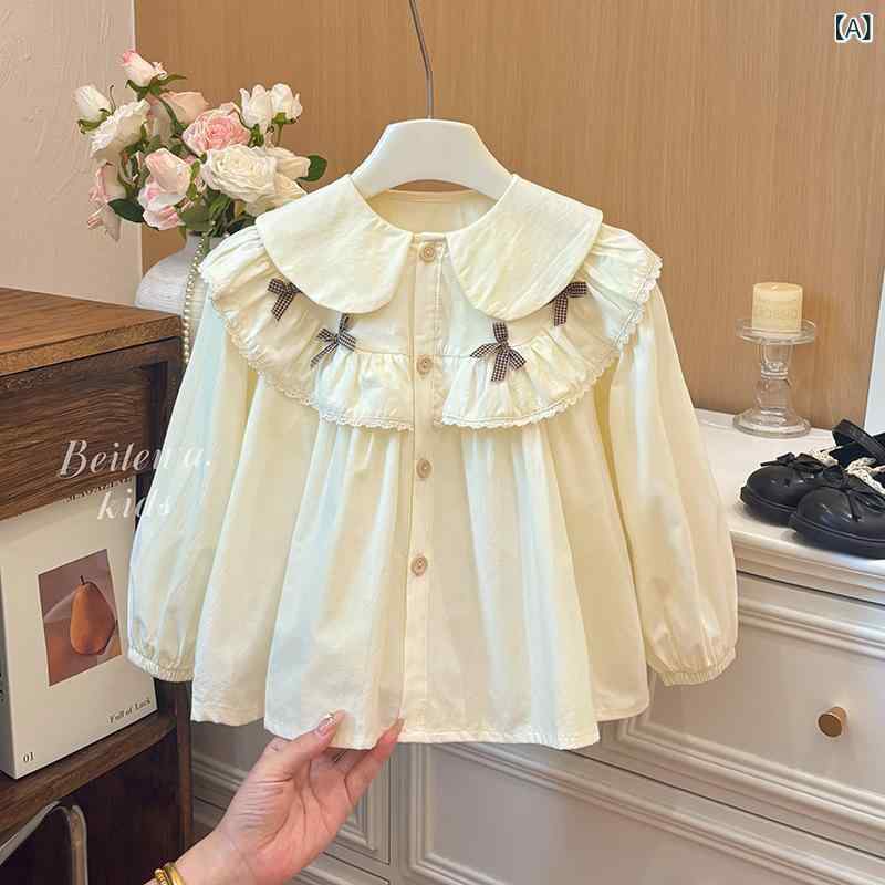 シャツ キッズ 春秋 長袖 ブラウス 花柄 リボン フリル襟 かわいい おしゃれ トップス 女の子 子供服 幼児 小学生 通園 通学 綿100%