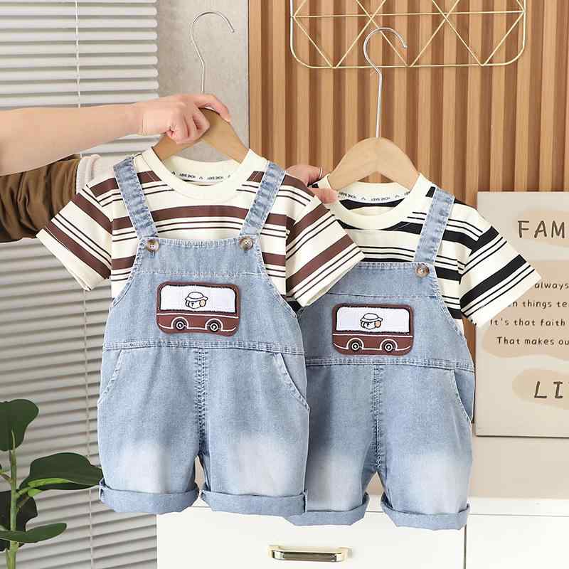 キッズ ベビー服 デニム オーバーオール セットアップ ストライプ 半袖 Tシャツ 上下セット 薄手 80 90 100 110 120cm