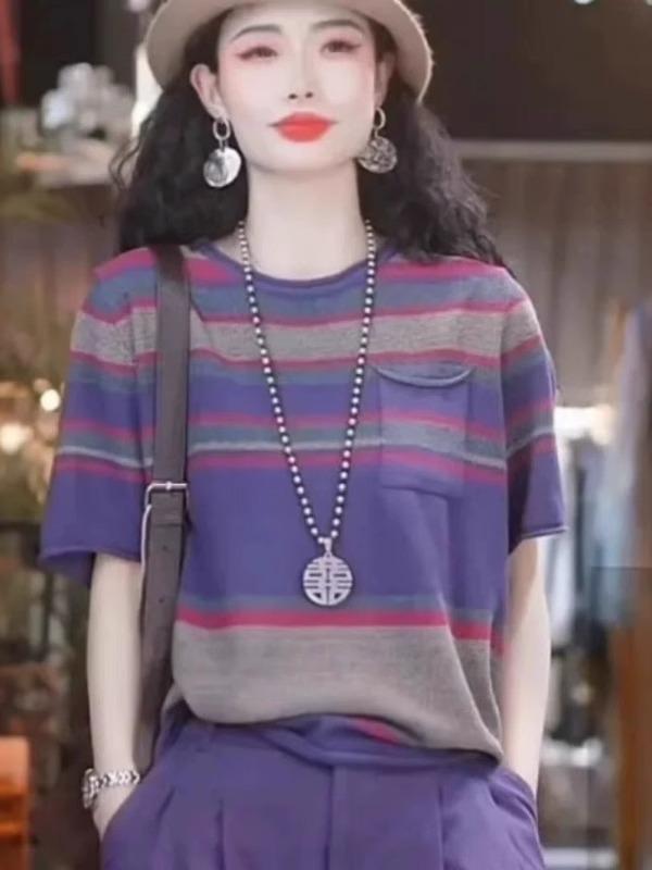 Tシャツ レディース 紫色 ストライプ柄 丸首 半袖 トップス 3D ゆったり 30代 40代 通勤着 普段使い カットソー 春夏