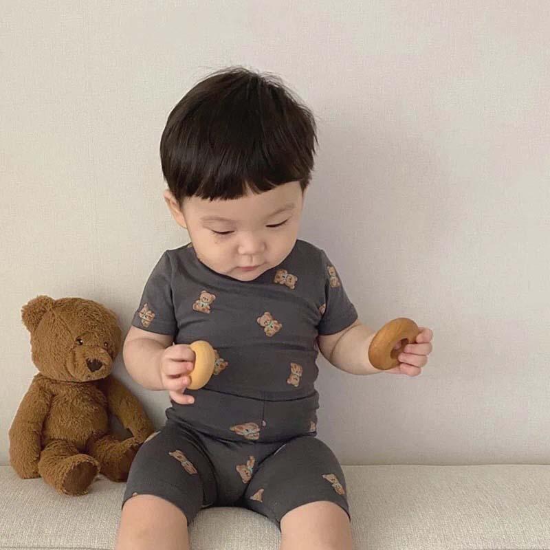 ベビー服 上下セット 小熊柄 コットン100％ 半袖トップス ハーフパンツ 薄手 部屋着 かわいい 乳幼児 男の子 女の子 春夏