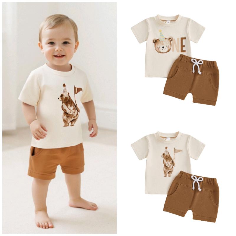 キッズ ベビー服 半袖Tシャツ 短パン 上下セット 2点 綿100％ 夏 男の子 幼児 普段着 かわいい クマ柄 ベージュ