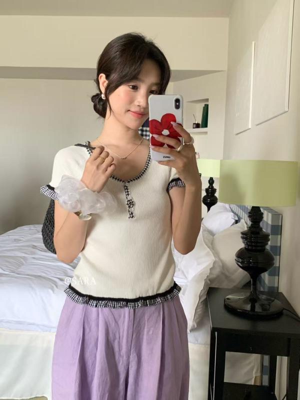 ニット レディース 韓国風 格子柄 切り替え トップス 修身 半袖 ブラック レッド 接触冷感 サマーニット