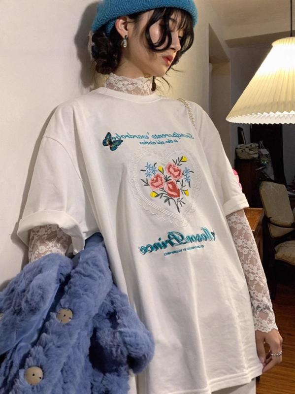 Tシャツ レディース 半袖 コットン 刺繍 ハート ゆったり 学生 原宿 トップス カットソー ラウンドネック 白 M L XL XXL 花柄 通勤