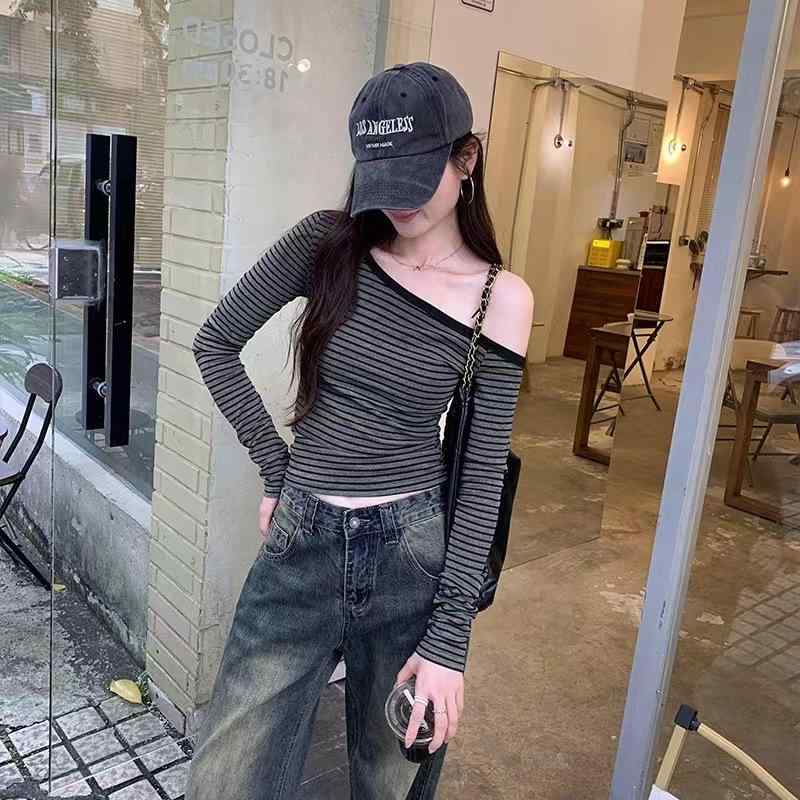 Tシャツ レディース 韓国風 斜めがけ 肩出し デザイン 長袖 トップス インナー スリムフィット ストライプ 灰色 グレー 杏色 ネイビー ポリエステル 通勤 きれいめ