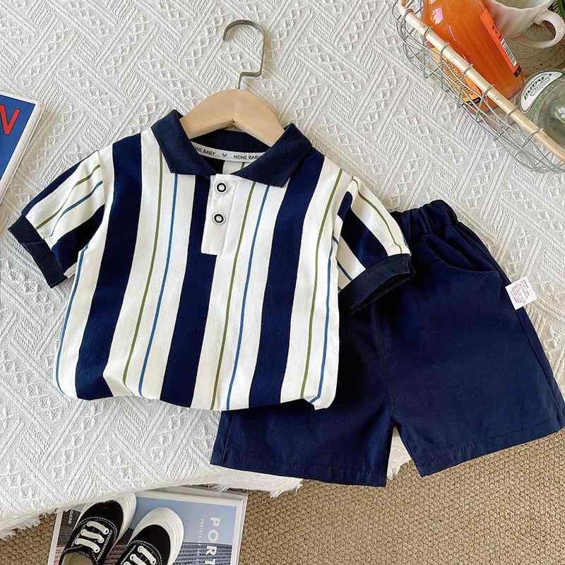 キッズ 男の子用 半袖 ポロシャツ ショートパンツ 上下セット 薄手 コットン ボーイズ 子供服 2点セット ストライプ柄 カジュアル 普段着 部屋着 80 90 100 110 120