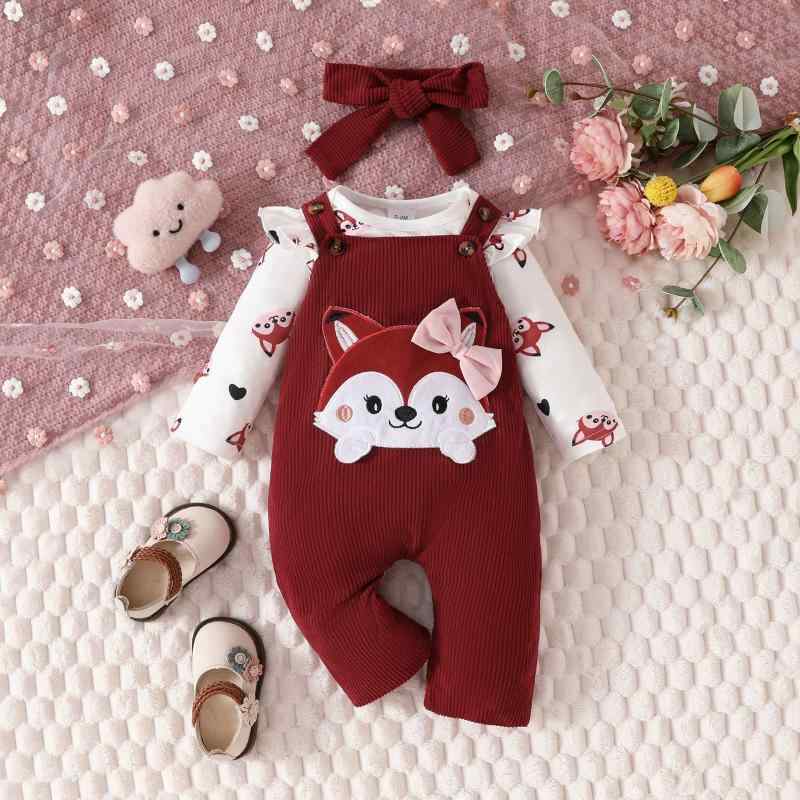 ベビー服 女の子 上下セット 長袖 ロンパース コーデュロイ サロペット 3点セット ハート柄 キツネ かわいい カジュアル