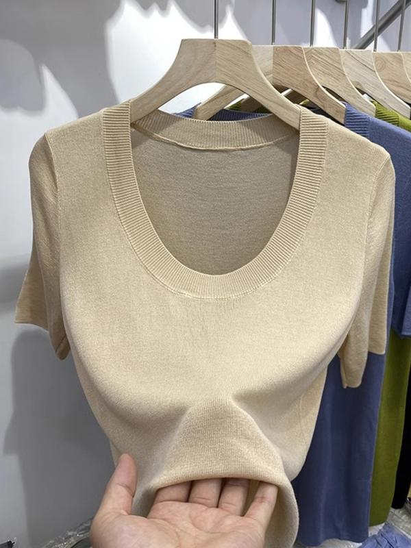 ニット レディース 接触冷感 Tシャツ 半袖 薄手 ラウンドネック 無地 ゆったり 杏色 通勤 オフィスカジュアル 春夏