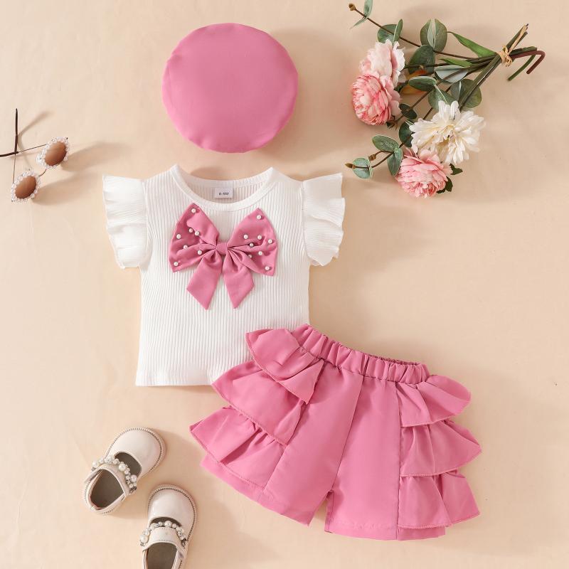 ベビー服 女の子 ノースリーブトップス ショートパンツ ベレー帽 3点セット チュール フリル リボン付き かわいい おしゃれ ピンク系 レッド系