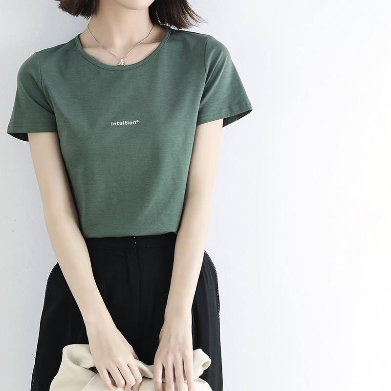 Tシャツ レディース 半袖 スリム 韓国風 ゆったり 無地 プリント トップス 墨グリーン ラズベリーピンク 通勤 オフィスカジュアル きれいめ 上品