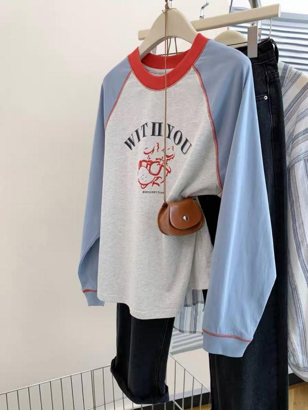 Tシャツ レディース 長袖 秋 ゆったり 大きいサイズ 配色 ラウンドネック カットソー トップス 綿 カジュアル 日韓スタイル 普段使い